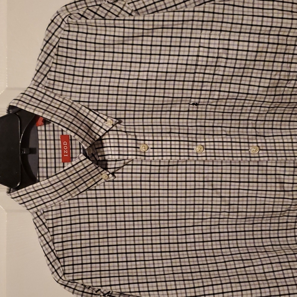 IZOD Button Down Men's Navy Blue/Gray Plaid White Long Sleeve - Size XL - Picture 2 of 8